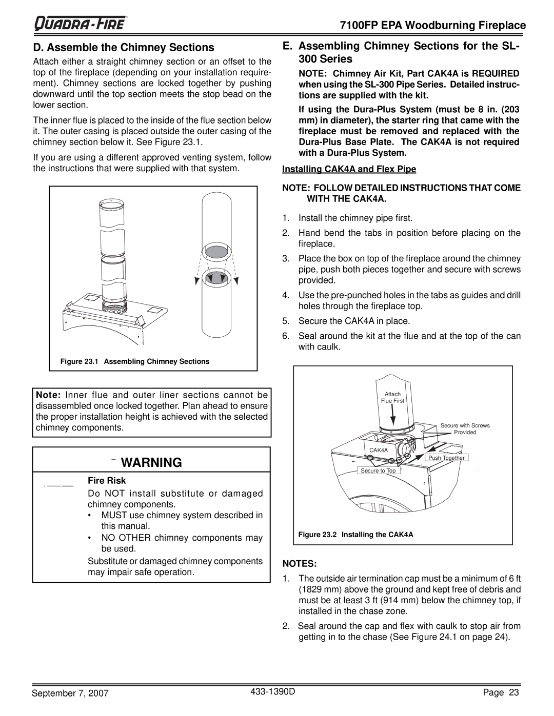 Quadra-Fire 7100FP-GD-B, 7100FP-NL-B, 7100FP-BK-B warranty Assembling Chimney Sections for the SL- 300 Series 