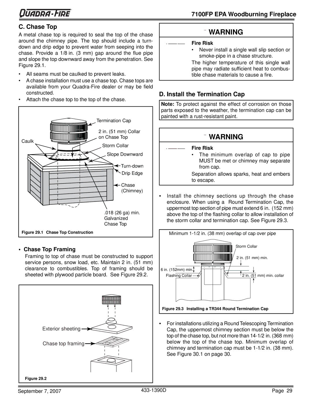 Quadra-Fire 7100FP-GD-B warranty 7100FP EPA Woodburning Fireplace Chase Top, Install the Termination Cap, Chase Top Framing 