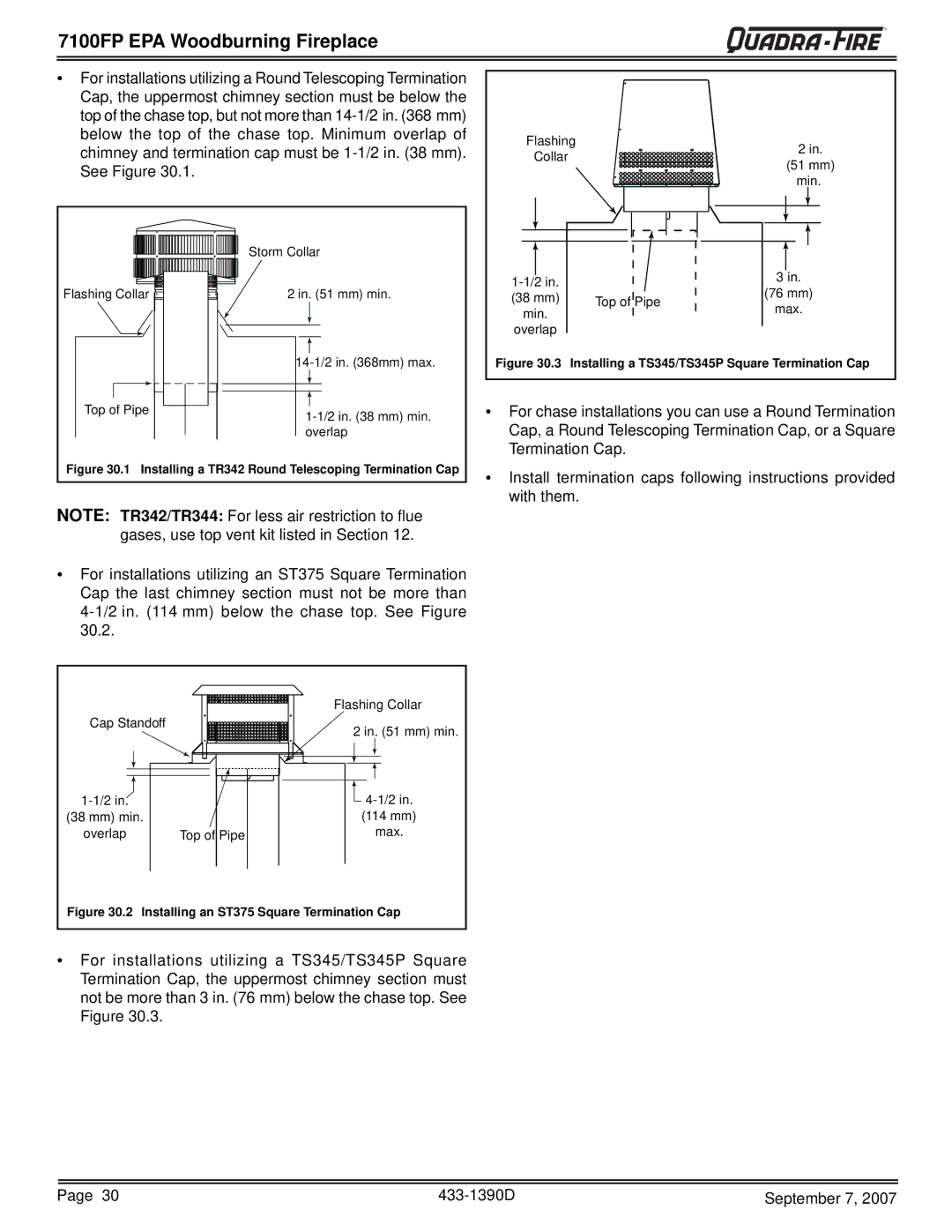 Quadra-Fire 7100FP-NL-B, 7100FP-BK-B, 7100FP-GD-B warranty For installations utilizing a Round Telescoping Termination 