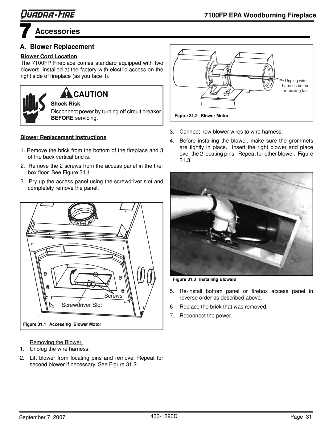 Quadra-Fire 7100FP-BK-B, 7100FP-NL-B Accessories, Blower Cord Location, Shock Risk, Blower Replacement Instructions 