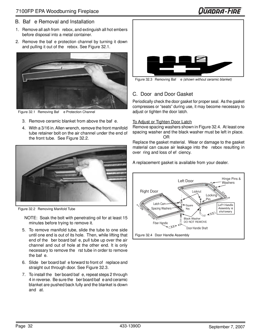 Quadra-Fire 7100FP-GD-B, 7100FP-NL-B, 7100FP-BK-B warranty Door and Door Gasket, Right Door 