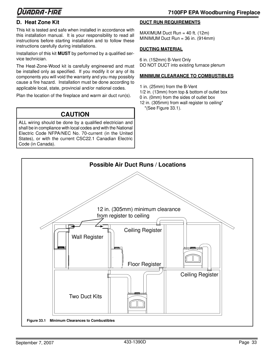 Quadra-Fire 7100FP-NL-B, 7100FP-BK-B 7100FP EPA Woodburning Fireplace Heat Zone Kit, Minimum Clearance to Combustibles 