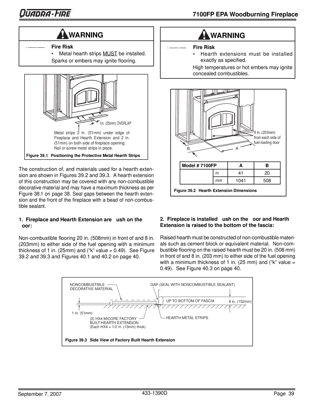 Quadra-Fire 7100FP-NL-B, 7100FP-BK-B, 7100FP-GD-B warranty Model # 7100FP, Positioning the Protective Metal Hearth Strips 