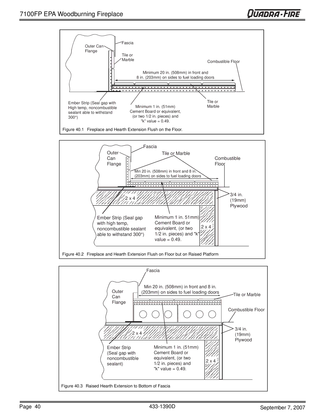 Quadra-Fire 7100FP-BK-B, 7100FP-NL-B, 7100FP-GD-B warranty Outer Can Flange Fascia Tile or Marble Combustible Floor 