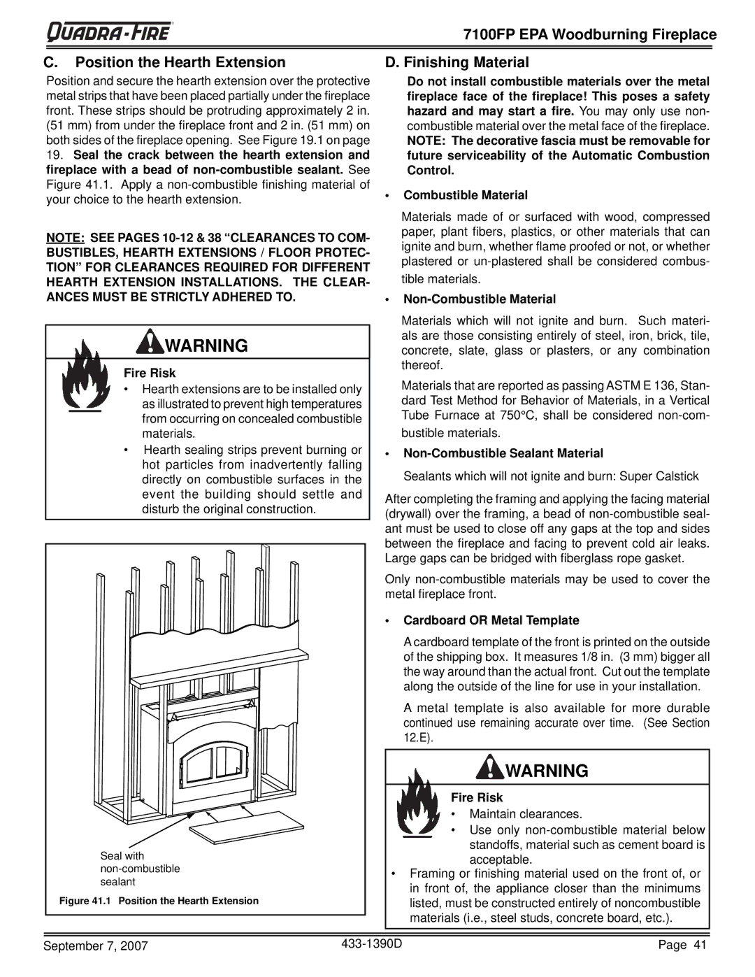 Quadra-Fire 7100FP-GD-B, 7100FP-NL-B warranty Finishing Material, Non-Combustible Material, Non-Combustible Sealant Material 