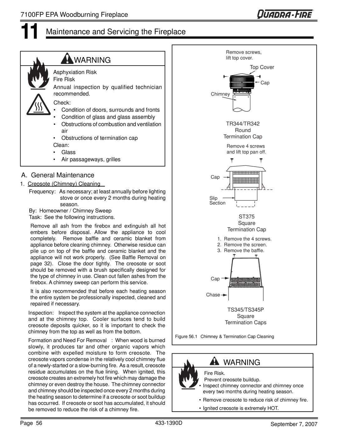 Quadra-Fire 7100FP-GD-B, 7100FP-NL-B, 7100FP-BK-B warranty Maintenance and Servicing the Fireplace, General Maintenance 