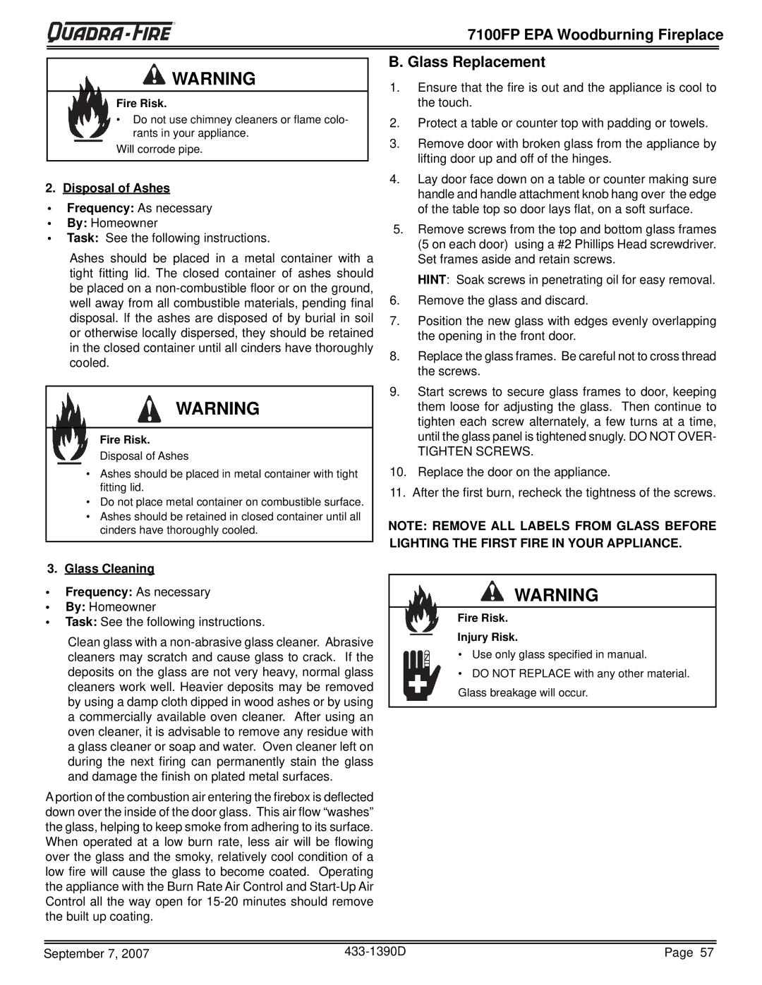 Quadra-Fire 7100FP-NL-B, 7100FP-BK-B warranty Glass Replacement, Disposal of Ashes, Glass Cleaning, Fire Risk Injury Risk 