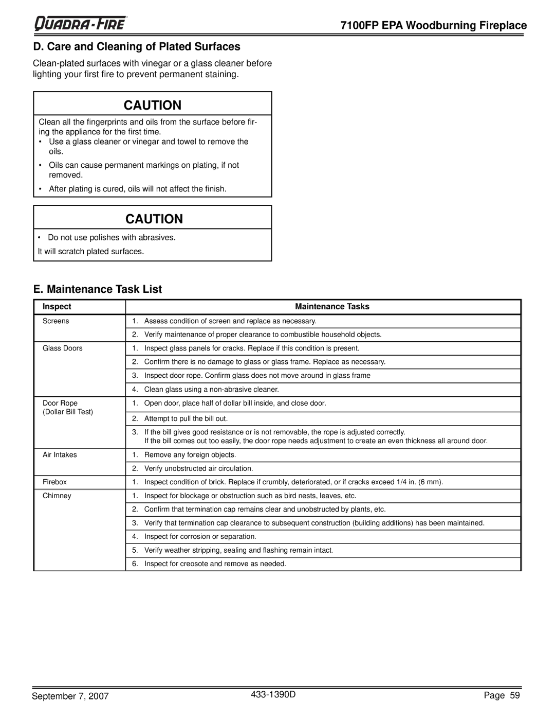 Quadra-Fire 7100FP-GD-B, 7100FP-NL-B, 7100FP-BK-B warranty Maintenance Task List, Inspect Maintenance Tasks 