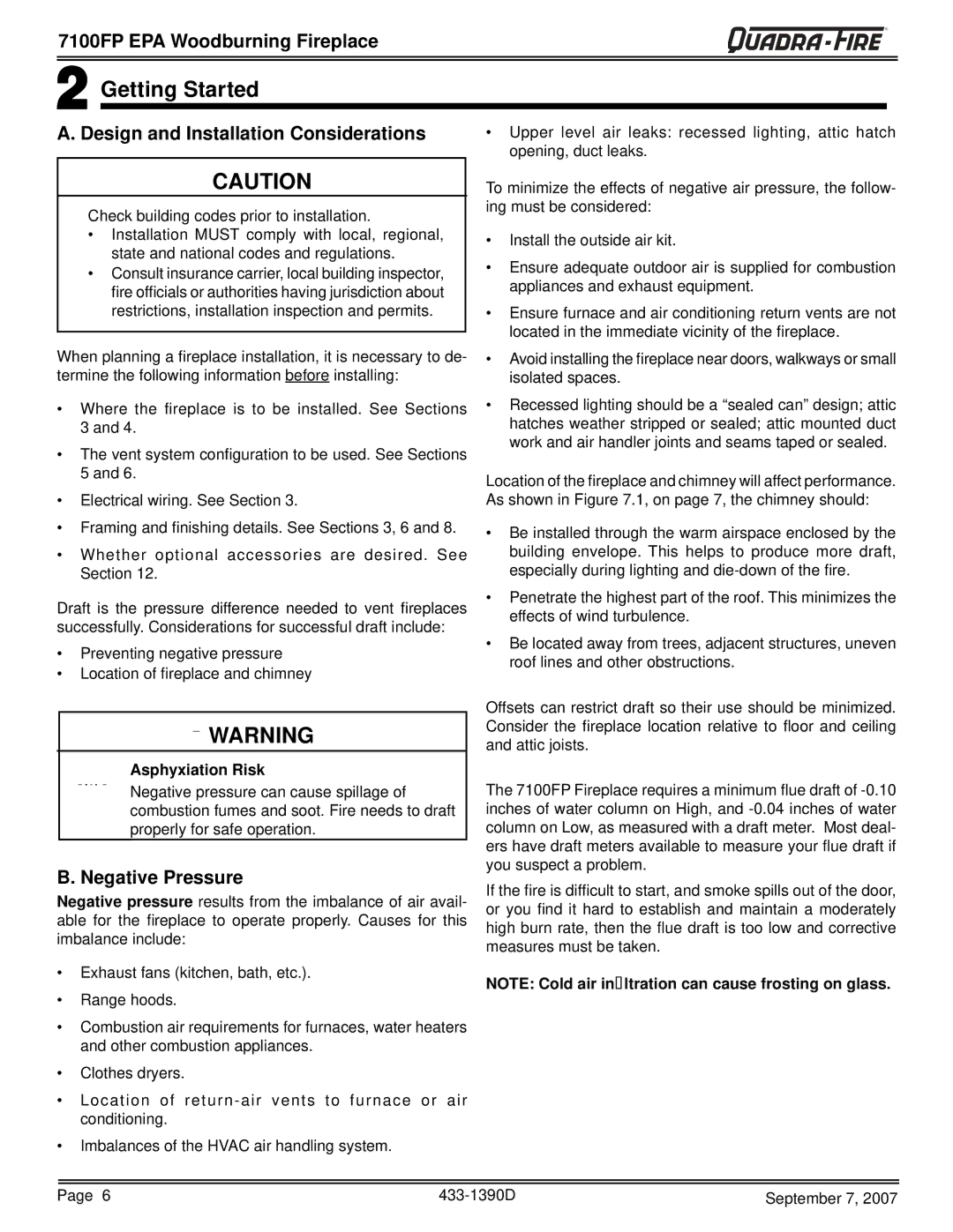 Quadra-Fire 7100FP-NL-B Getting Started, Design and Installation Considerations, Negative Pressure, Asphyxiation Risk 