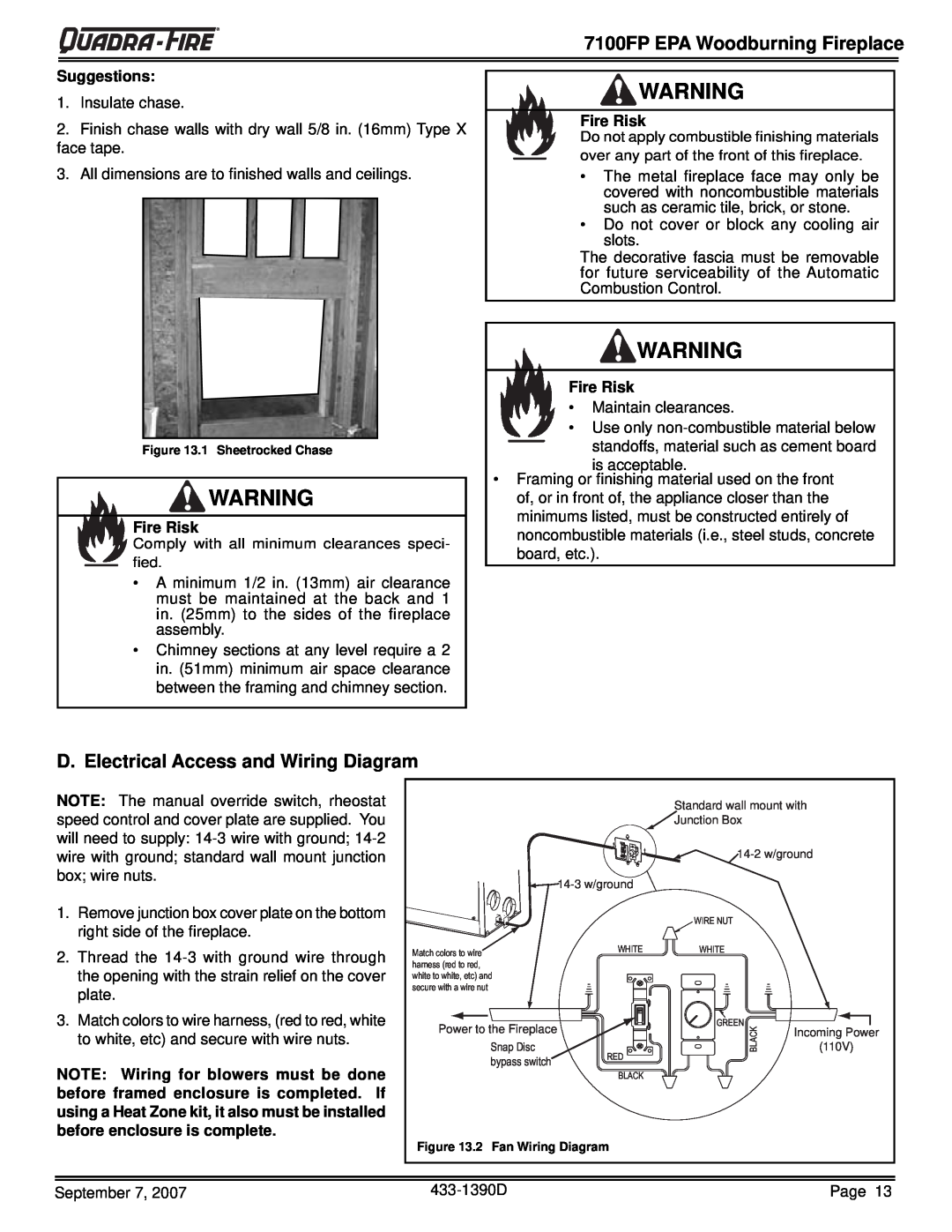 Quadra-Fire 7100FP-BK-B 7100FP EPA Woodburning Fireplace, D. Electrical Access and Wiring Diagram, Suggestions, Fire Risk 