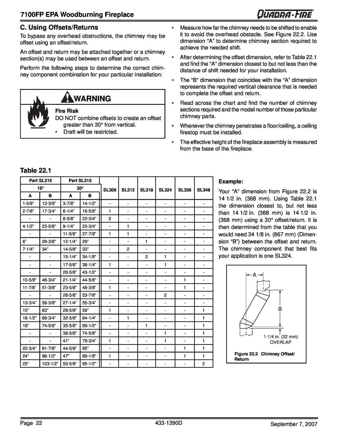 Quadra-Fire 7100FP-BK-B, 7100FP-NL-B 7100FP EPA Woodburning Fireplace, C. Using Offsets/Returns, Table, Fire Risk, Example 