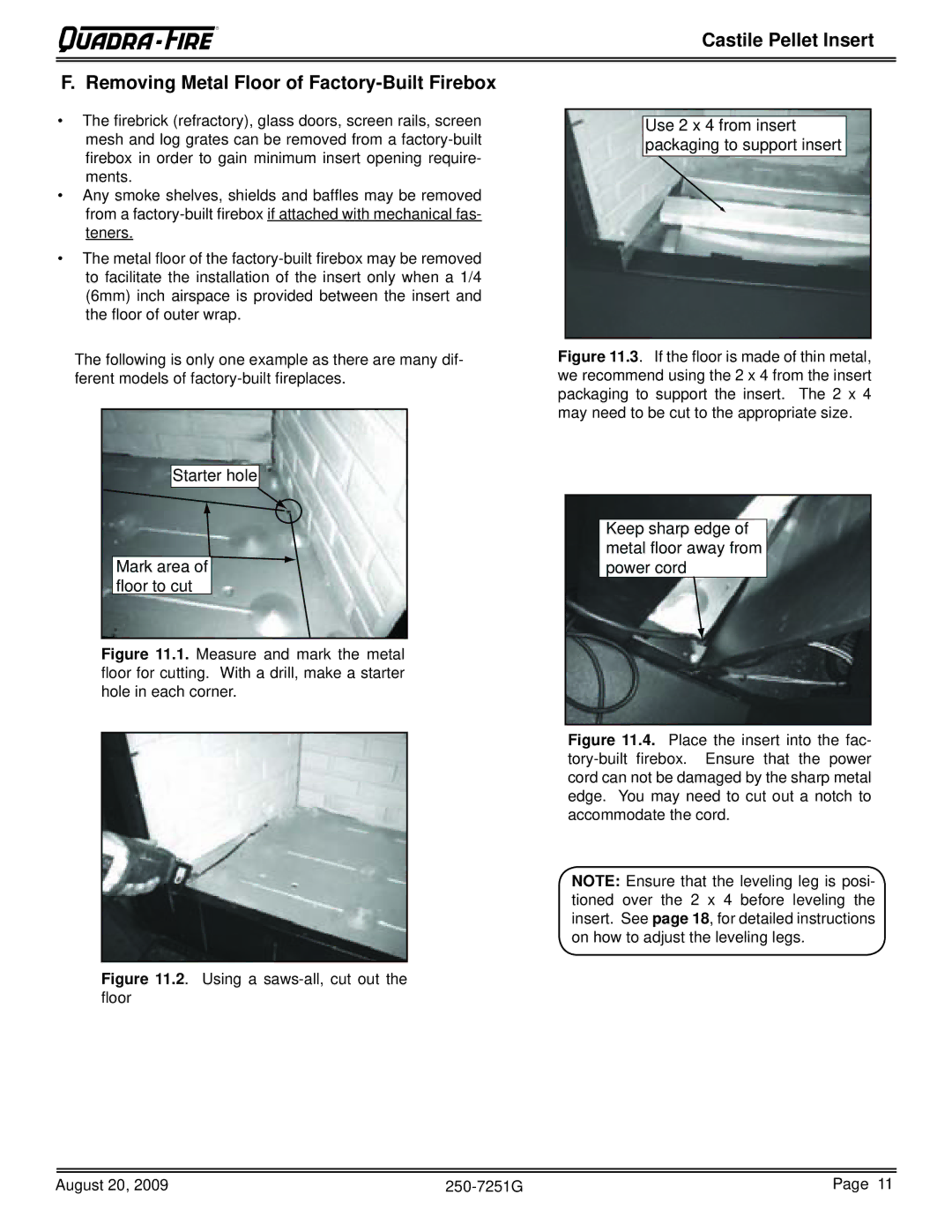 Quadra-Fire CASTINS-CWL, 810-03201, CASTINS-CSB, 810-02901 owner manual Starter hole Mark area of floor to cut 