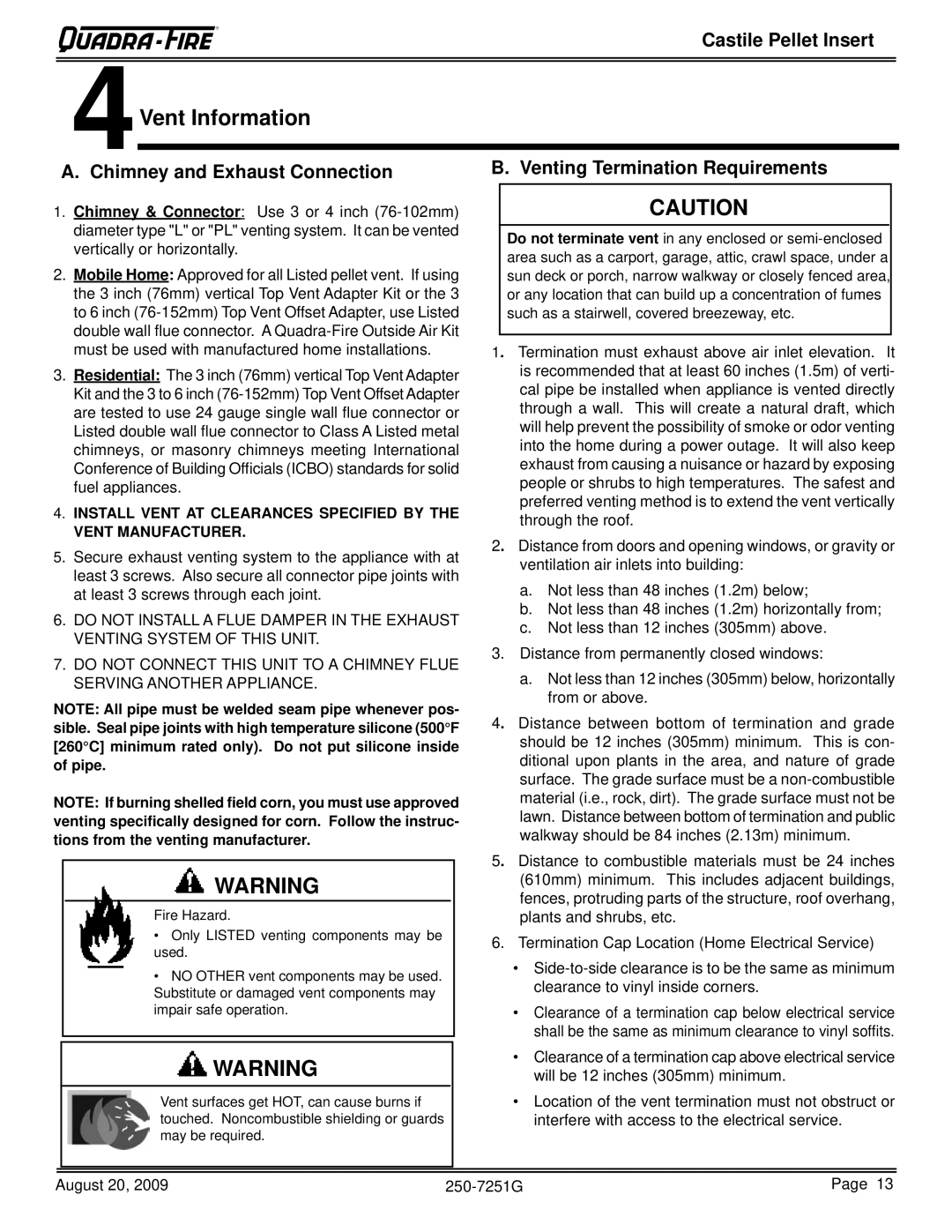 Quadra-Fire CASTINS-CSB, 810-03201 4Vent Information, Chimney and Exhaust Connection, Venting Termination Requirements 