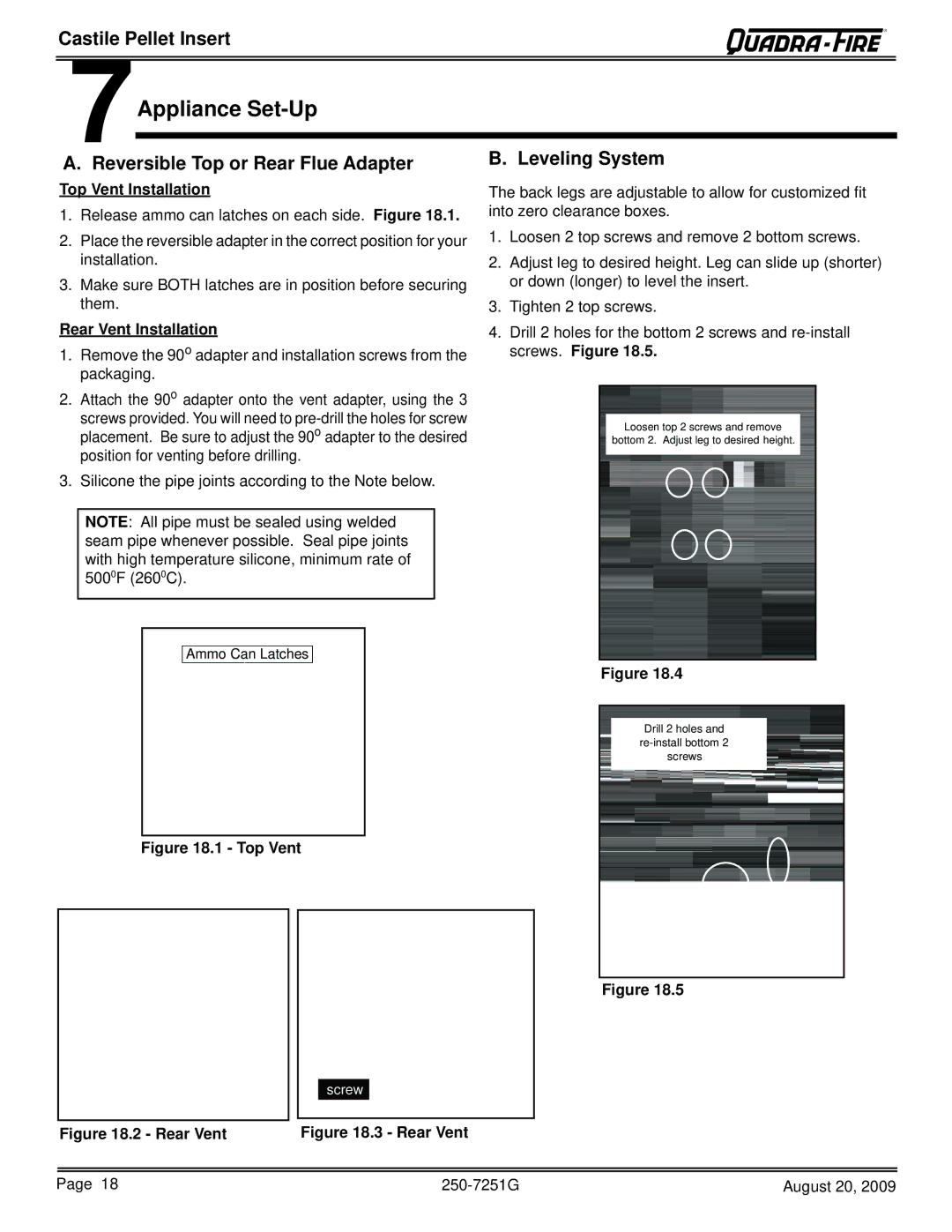 Quadra-Fire 810-02901 7Appliance Set-Up, Reversible Top or Rear Flue Adapter Leveling System, Top Vent Installation 