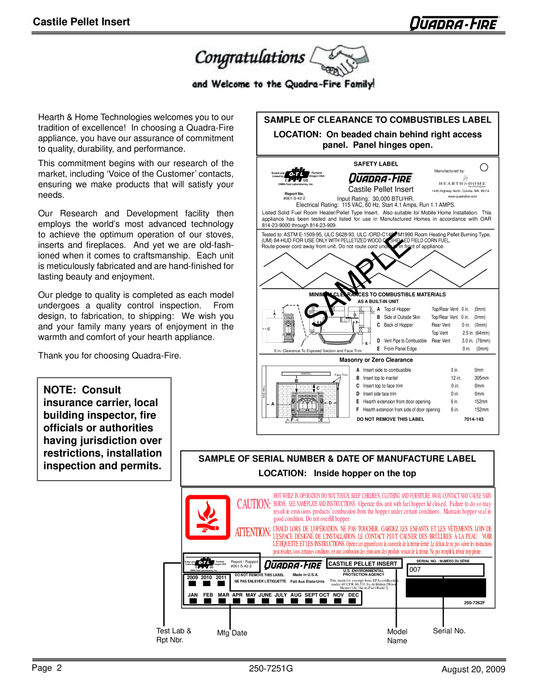 Quadra-Fire 810-02901 Castile Pellet Insert, Insurance carrier, local, Building inspector, ﬁ re, Inspection and permits 