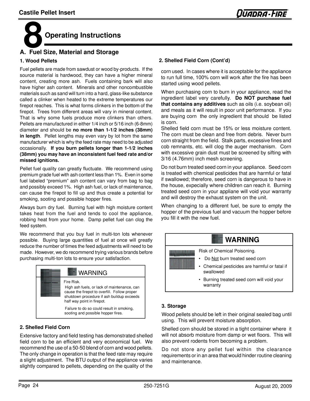 Quadra-Fire 810-03201, CASTINS-CSB, 810-02901, CASTINS-CWL 8Operating Instructions, Fuel Size, Material and Storage 