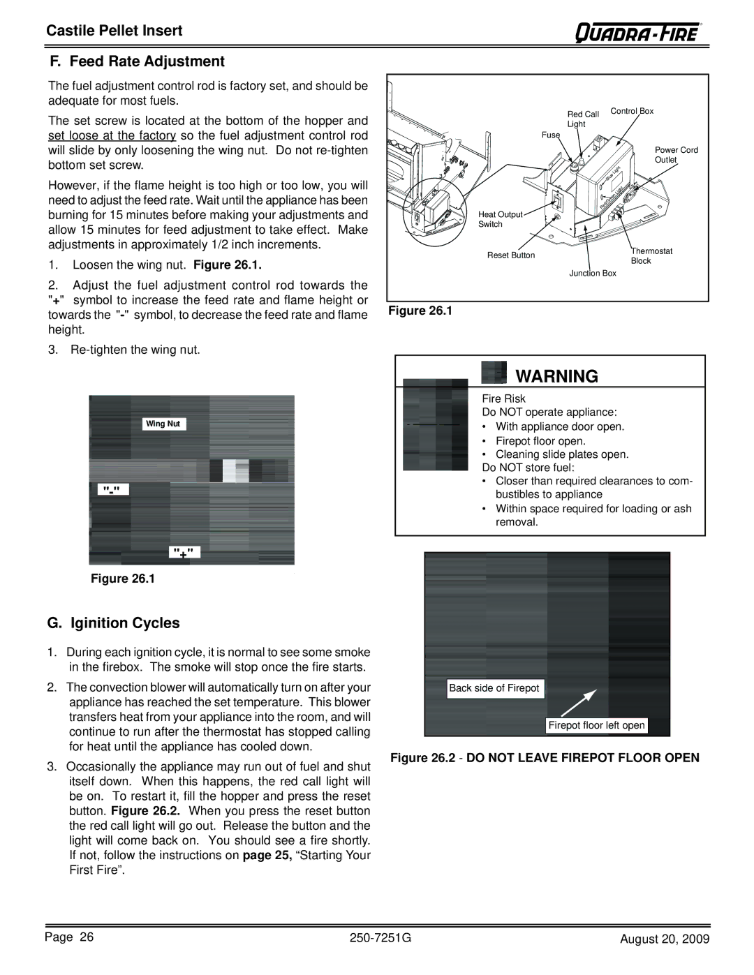 Quadra-Fire 810-02901, 810-03201, CASTINS-CSB, CASTINS-CWL Castile Pellet Insert Feed Rate Adjustment, Iginition Cycles 