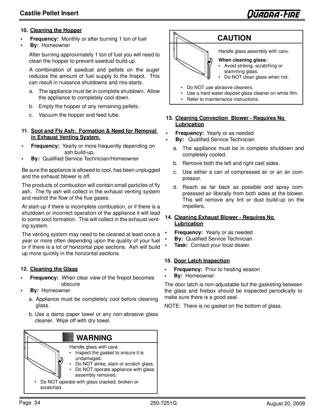 Quadra-Fire 810-02901, 810-03201, CASTINS-CSB Cleaning the Hopper, Cleaning Convection Blower Requires No Lubrication 