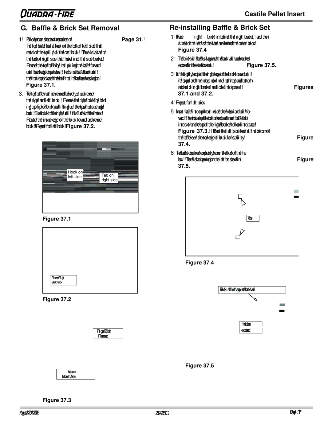 Quadra-Fire CASTINS-CSB, 810-03201, 810-02901, CASTINS-CWL owner manual Bafﬂ e & Brick Set Removal, 37.1 