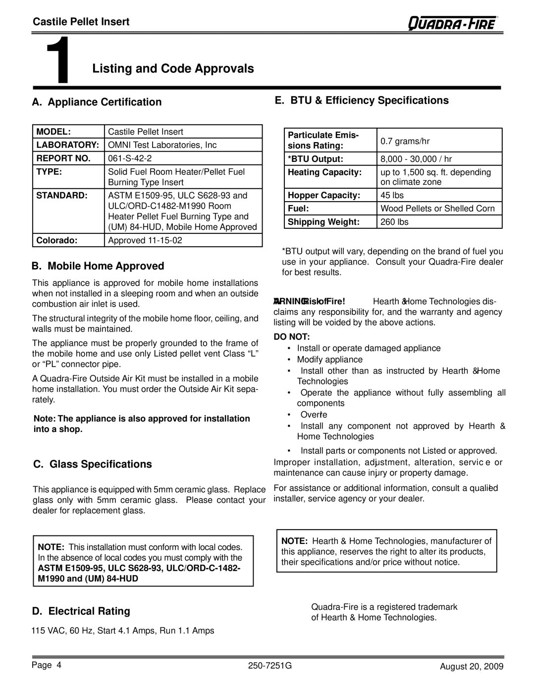 Quadra-Fire 810-03201 Listing and Code Approvals, Appliance Certiﬁcation BTU & Efﬁciency Speciﬁ cations, Electrical Rating 