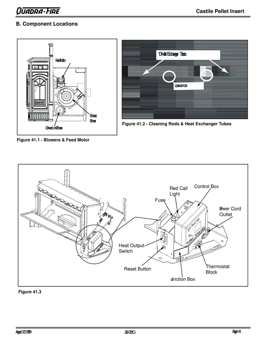 Quadra-Fire CASTINS-CSB, 810-03201, 810-02901, CASTINS-CWL Castile Pellet Insert Component Locations, Blowers & Feed Motor 