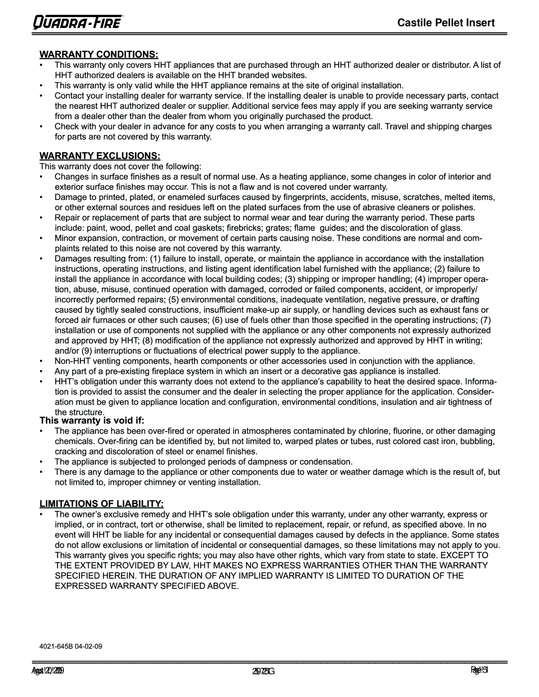 Quadra-Fire CASTINS-CWL, 810-03201, CASTINS-CSB, 810-02901 owner manual Castile Pellet Insert 