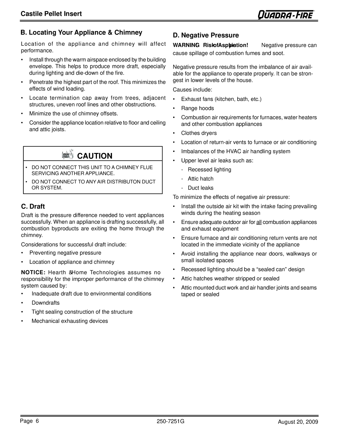 Quadra-Fire 810-02901, 810-03201 Castile Pellet Insert Locating Your Appliance & Chimney, Draft, Negative Pressure 