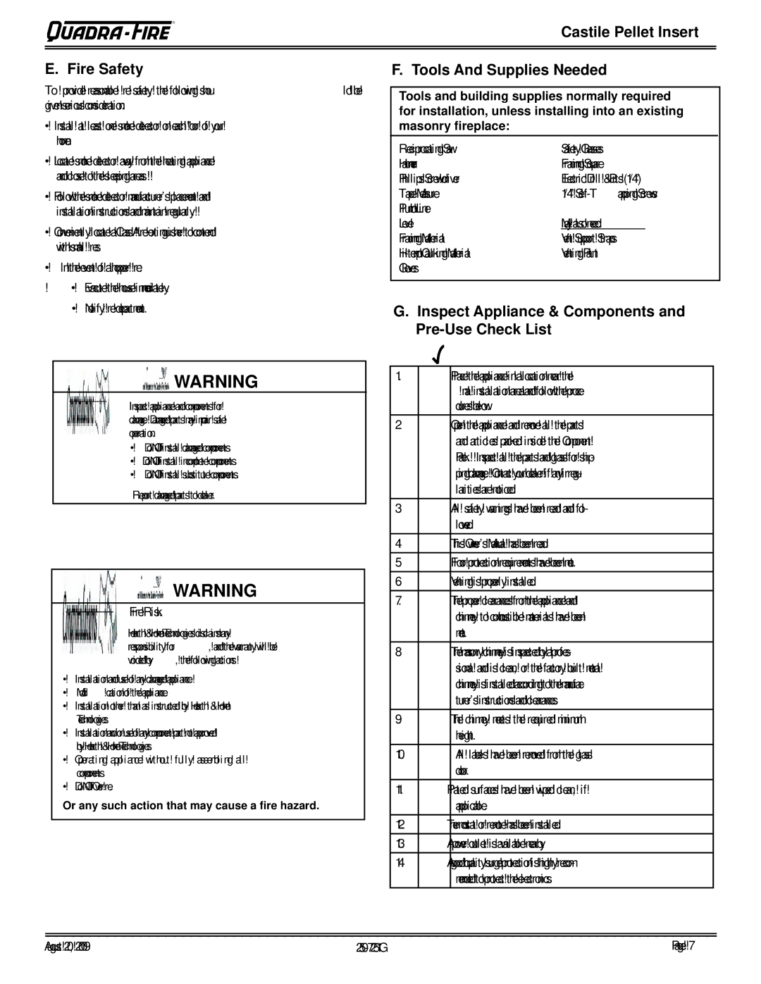 Quadra-Fire CASTINS-CWL, 810-03201, CASTINS-CSB, 810-02901 Castile Pellet Insert Fire Safety, Tools And Supplies Needed 