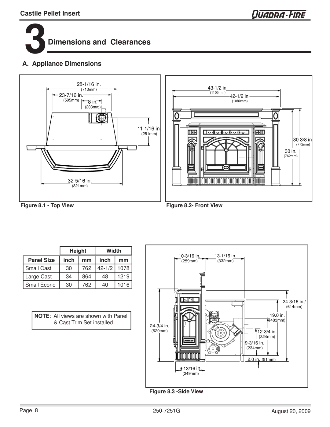 Quadra-Fire 810-03201, CASTINS-CSB 3Dimensions and Clearances, Appliance Dimensions, Height Width Panel Size Inch 