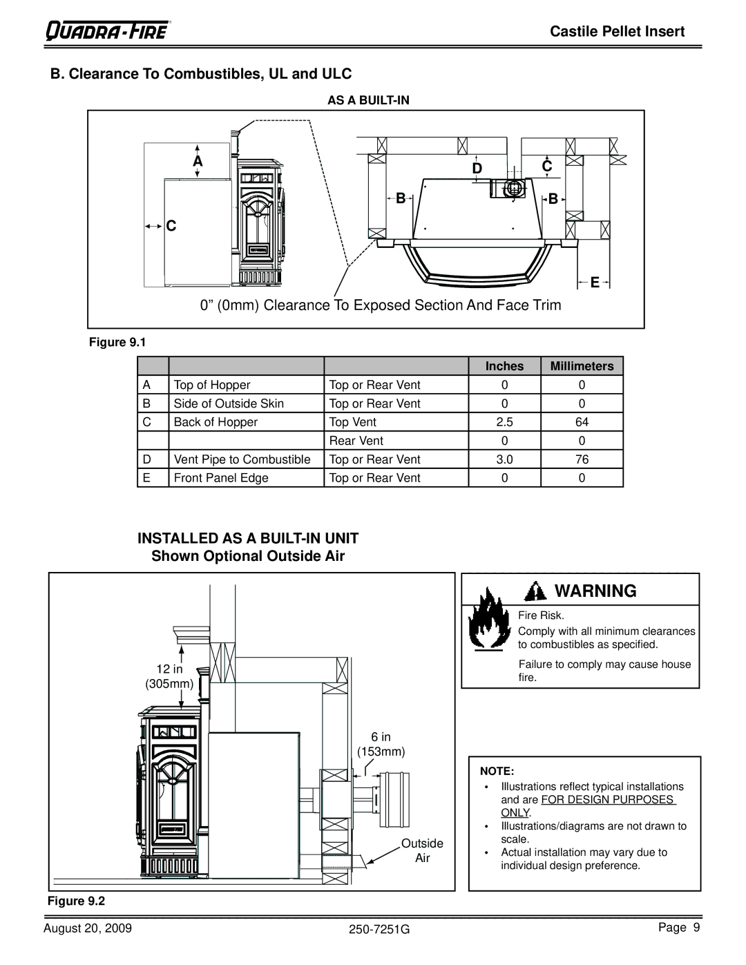 Quadra-Fire CASTINS-CSB, 810-03201 Castile Pellet Insert Clearance To Combustibles, UL and ULC, Shown Optional Outside Air 