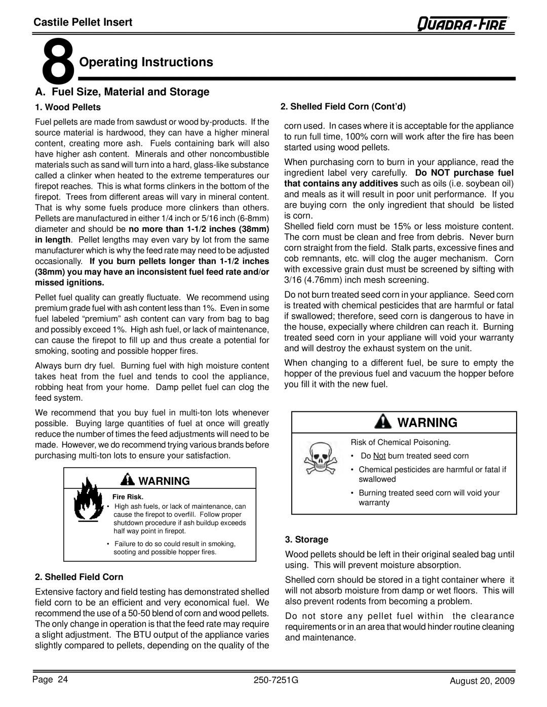 Quadra-Fire 810-03201 8Operating Instructions, A. Fuel Size, Material and Storage, Wood Pellets, Shelled Field Corn Cont’d 
