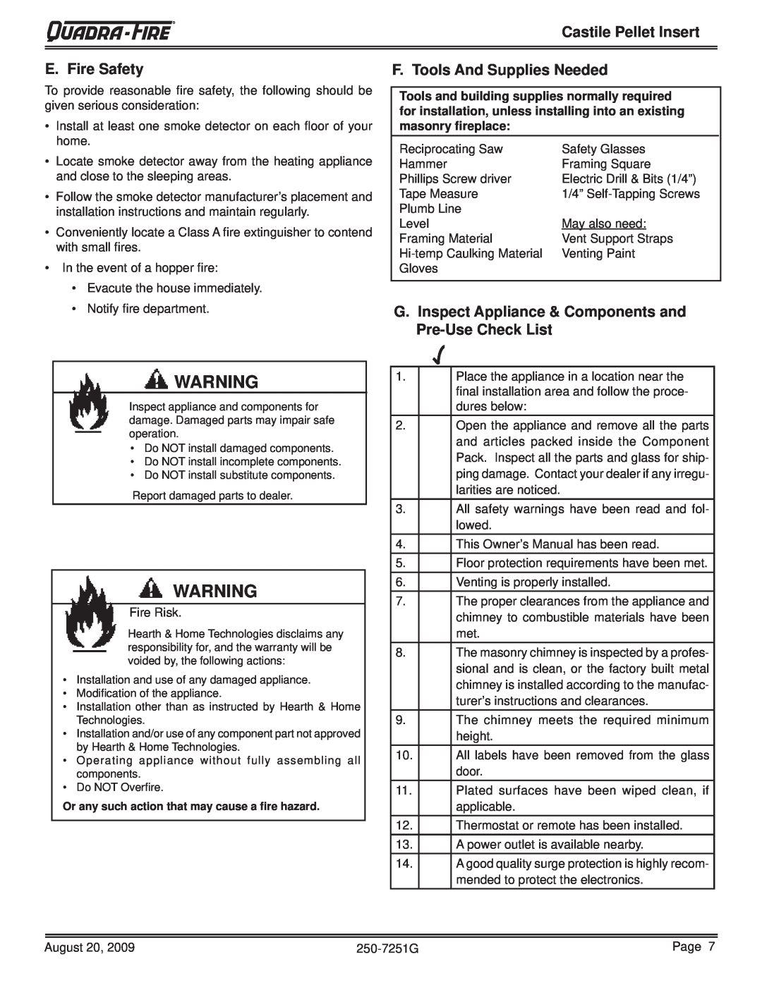 Quadra-Fire CASTINS-CWL, 810-03201, CASTINS-CSB E. Fire Safety, F. Tools And Supplies Needed, Castile Pellet Insert 