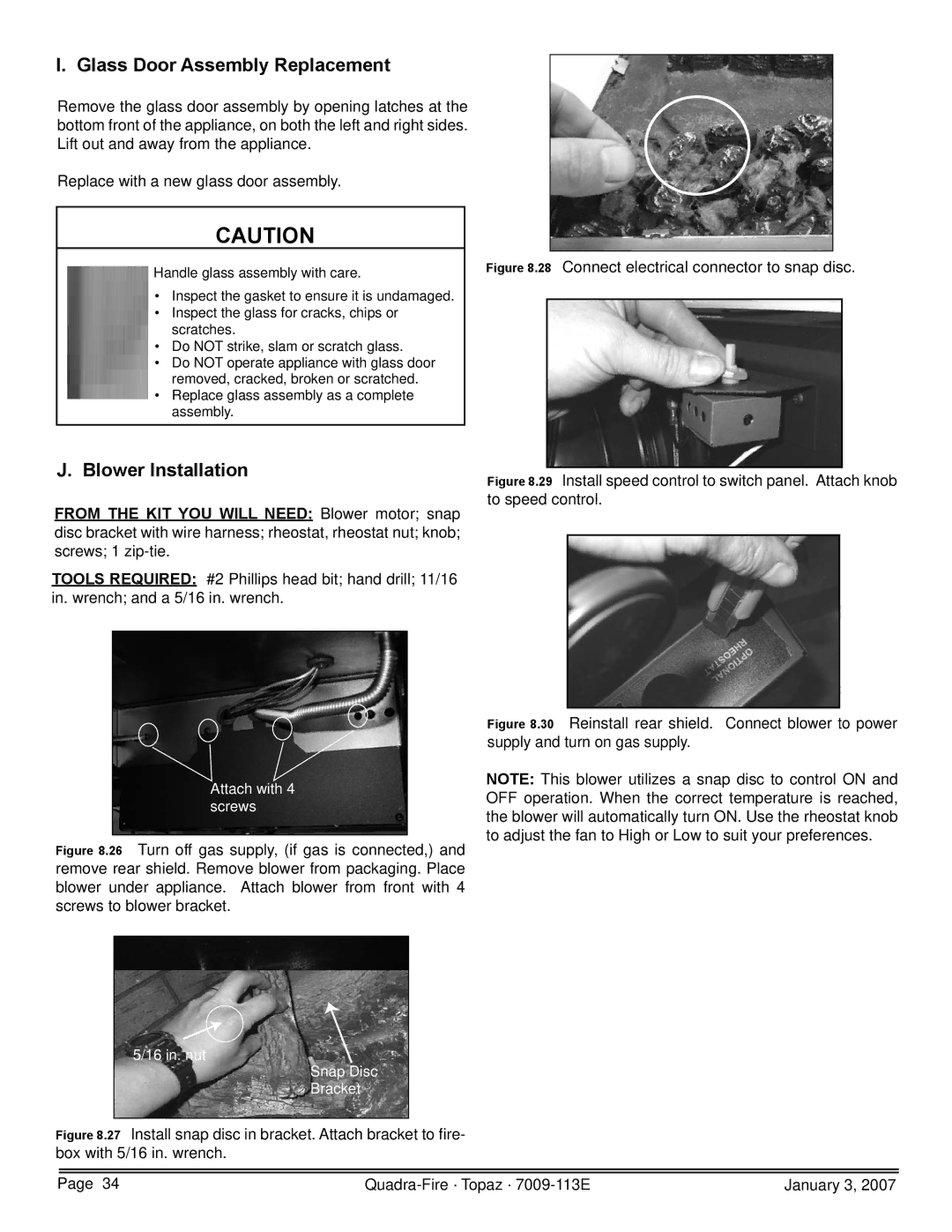 Quadra-Fire 839-1290, 839-1320, 839-1340, 844-4120 owner manual Glass Door Assembly Replacement, Blower Installation 