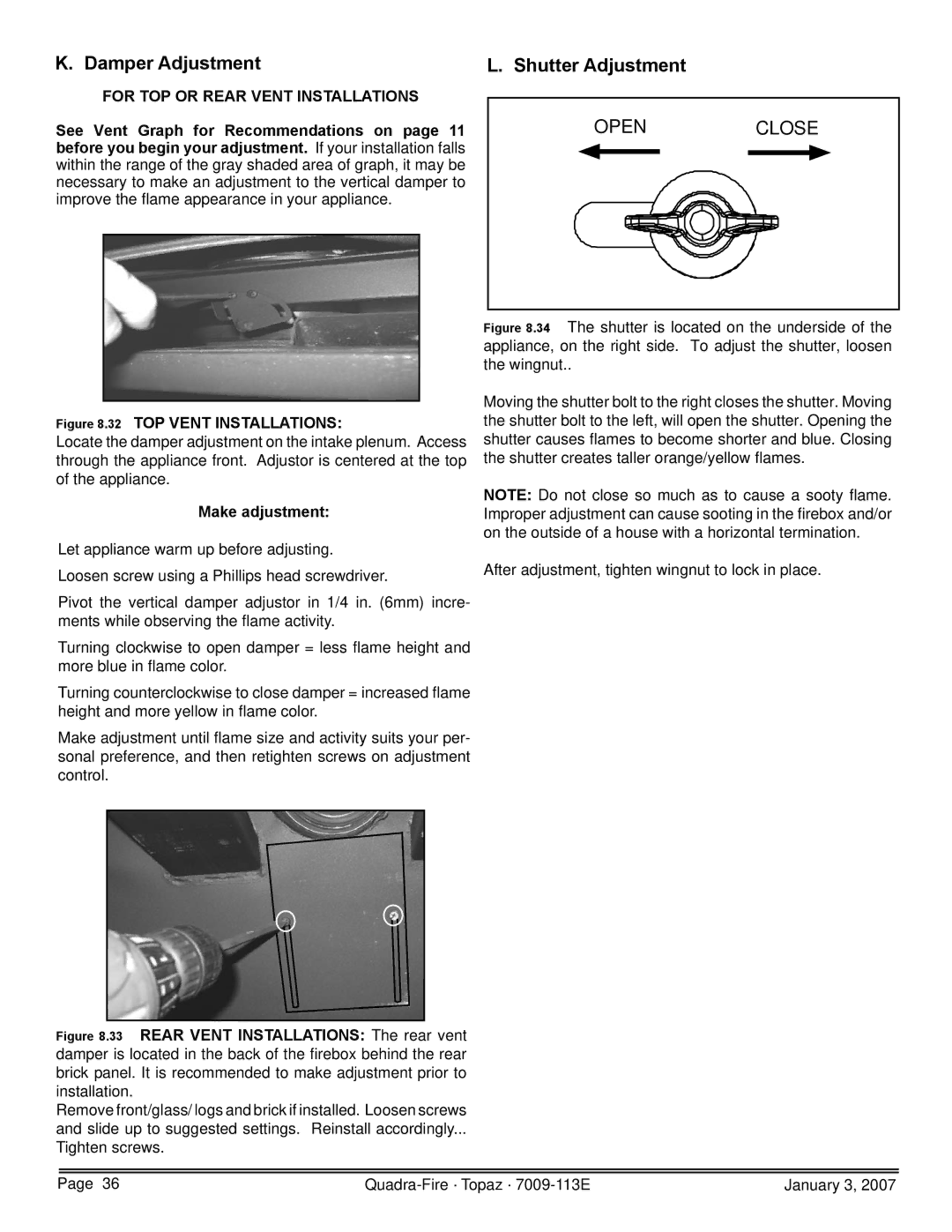 Quadra-Fire 839-1320, 839-1340 Damper Adjustment, Shutter Adjustment, For TOP or Rear Vent Installations, Make adjustment 