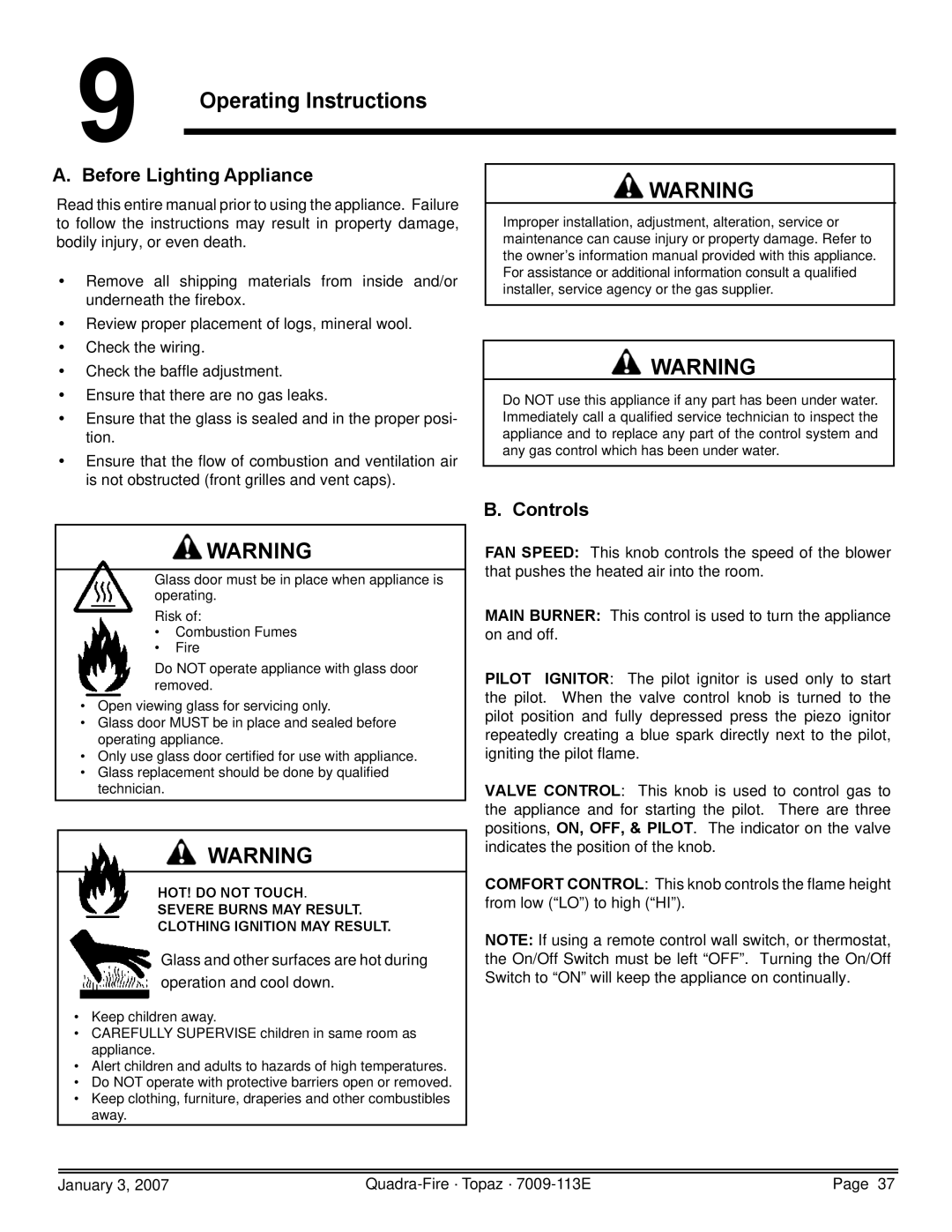 Quadra-Fire 839-1340, 839-1320, 839-1290, 844-4120 owner manual Operating Instructions, Before Lighting Appliance, Controls 