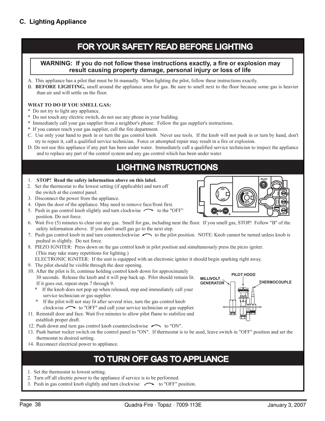 Quadra-Fire 839-1290, 839-1320, 839-1340, 844-4120 owner manual For Your Safety Read Before Lighting, Lighting Appliance 