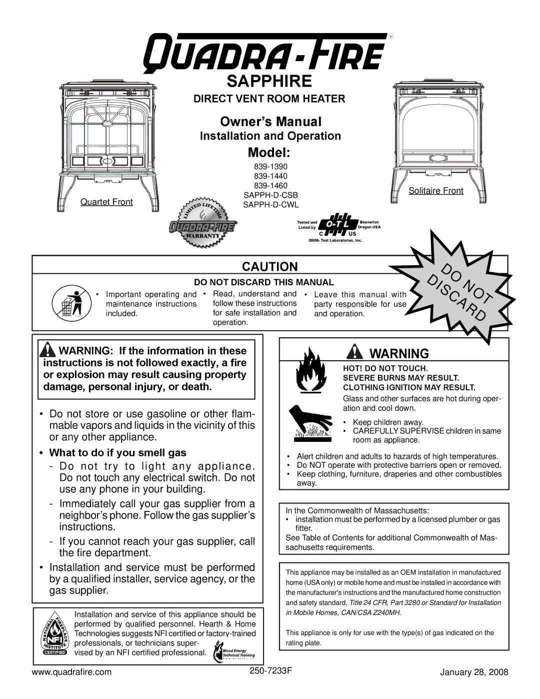 Quadra-Fire SAPPH-D-CWL, 839-1460 owner manual What to do if you smell gas, Solitaire Front, Quartet Front, Do Discardnot 