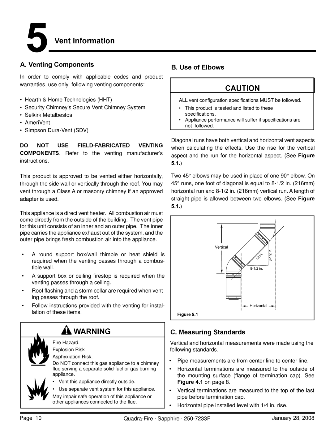 Quadra-Fire 839-1460, SAPPH-D-CWL, 839-1390 Vent Information, Venting Components, Use of Elbows, Measuring Standards 