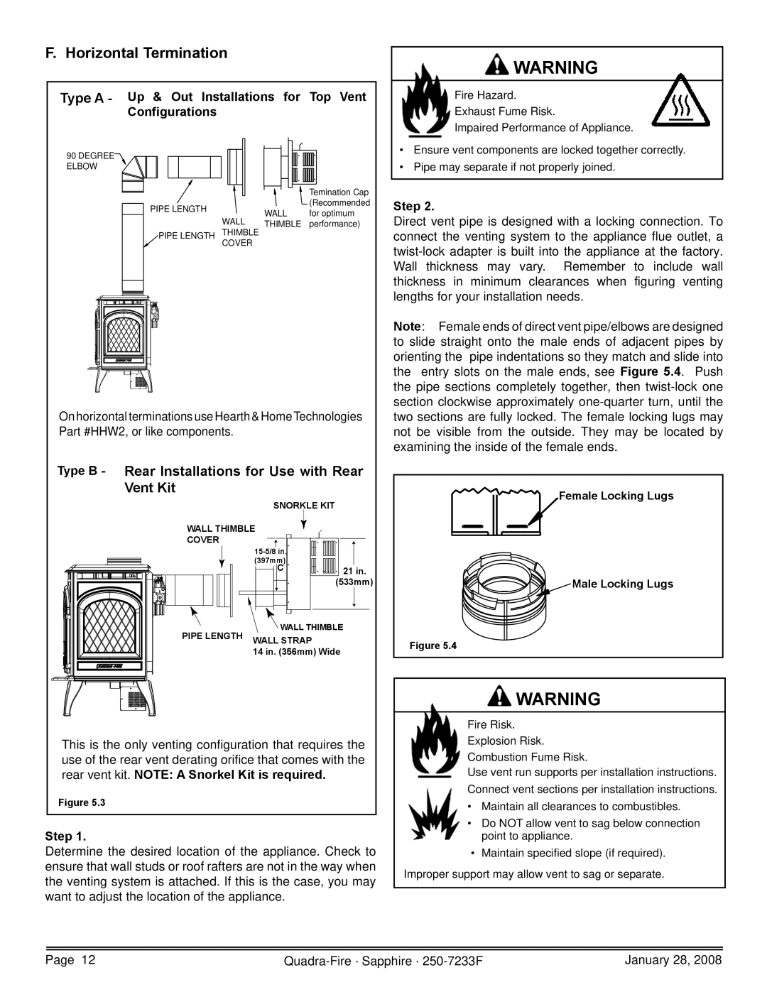 Quadra-Fire 839-1390, 839-1460, 839-1440 Horizontal Termination, Type B Rear Installations for Use with Rear Vent Kit, Step 