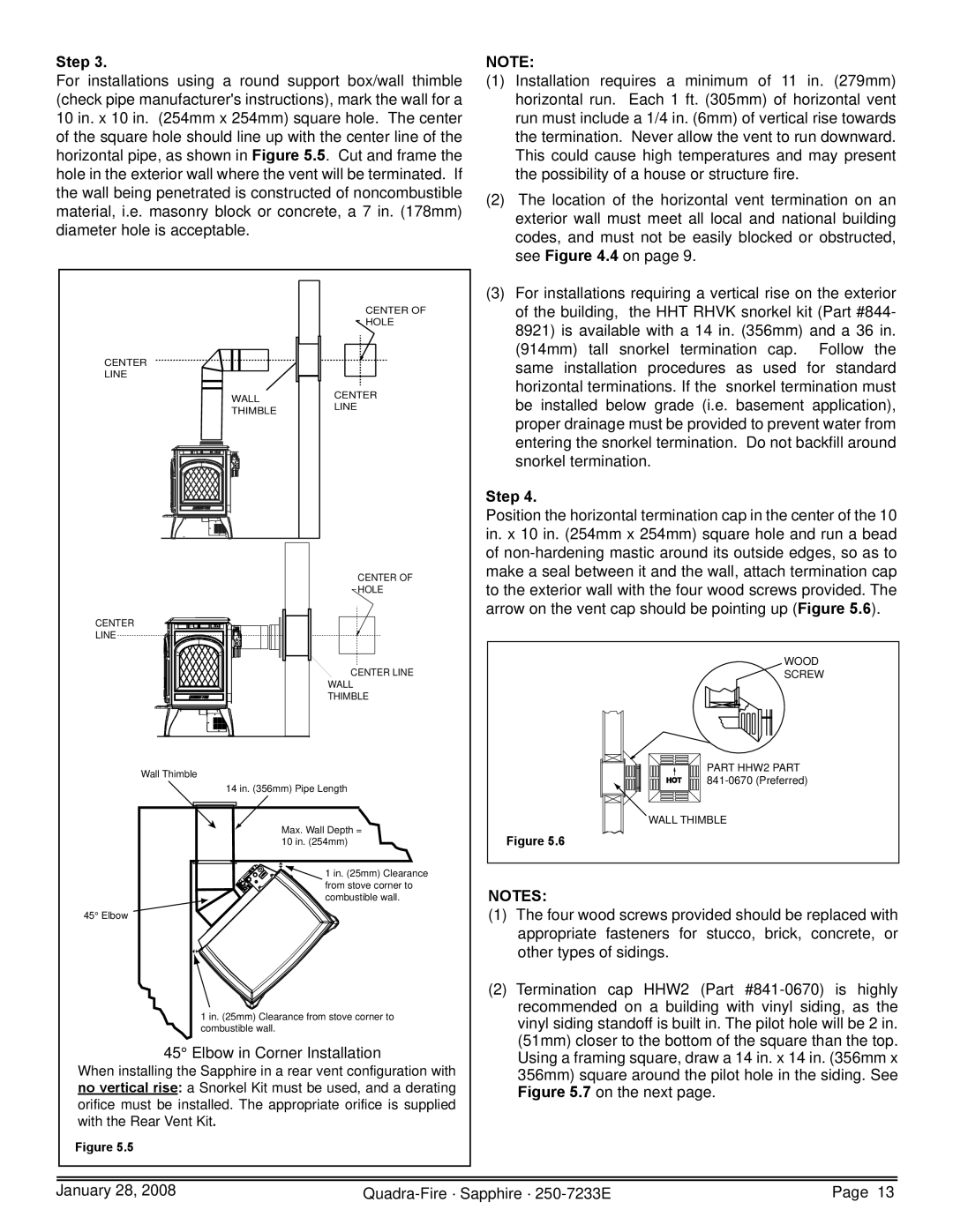 Quadra-Fire SAPPH-D-CSB, 839-1460, SAPPH-D-CWL, 839-1390, 839-1440 owner manual Elbow in Corner Installation 