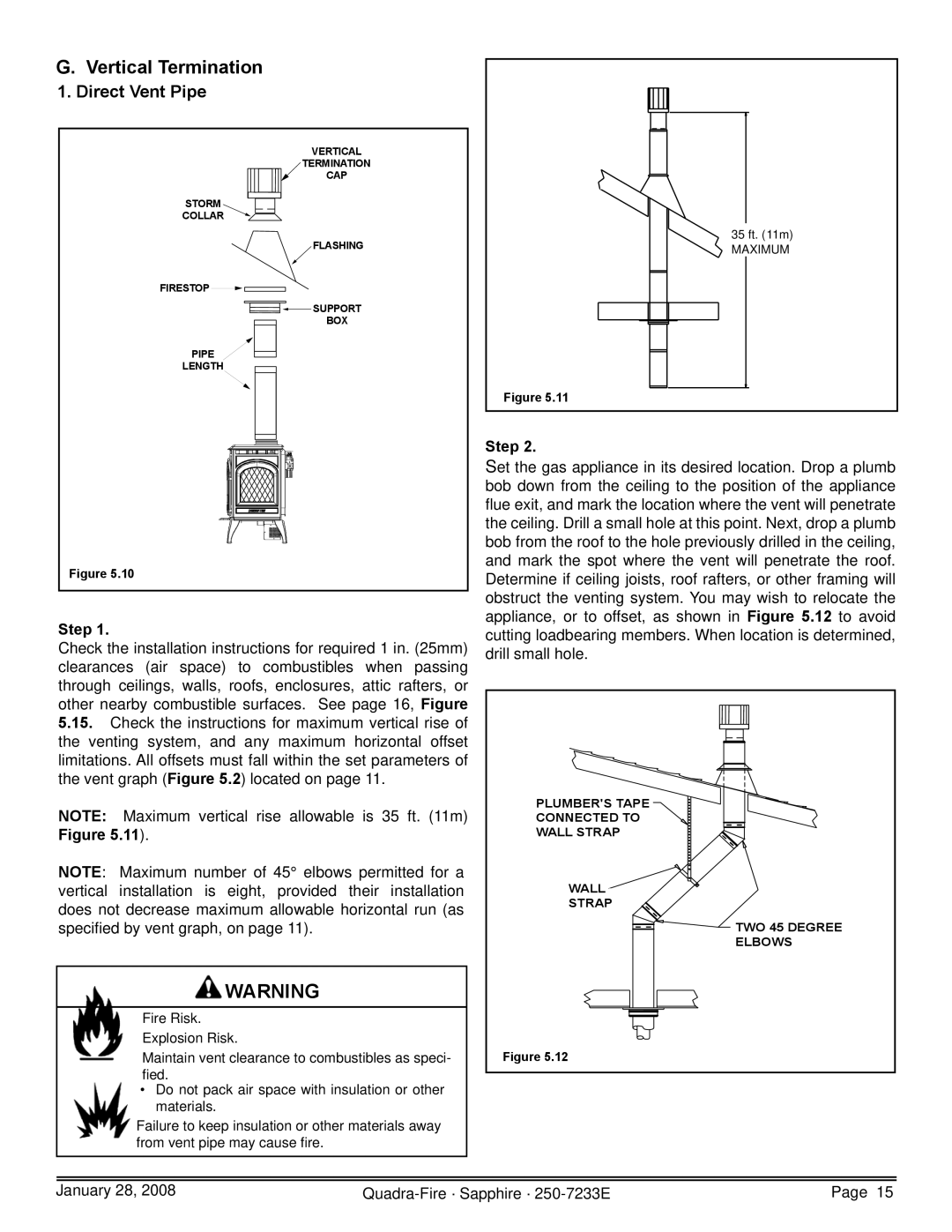 Quadra-Fire 839-1460, SAPPH-D-CWL, 839-1390, SAPPH-D-CSB, 839-1440 owner manual Vertical Termination, Direct Vent Pipe 