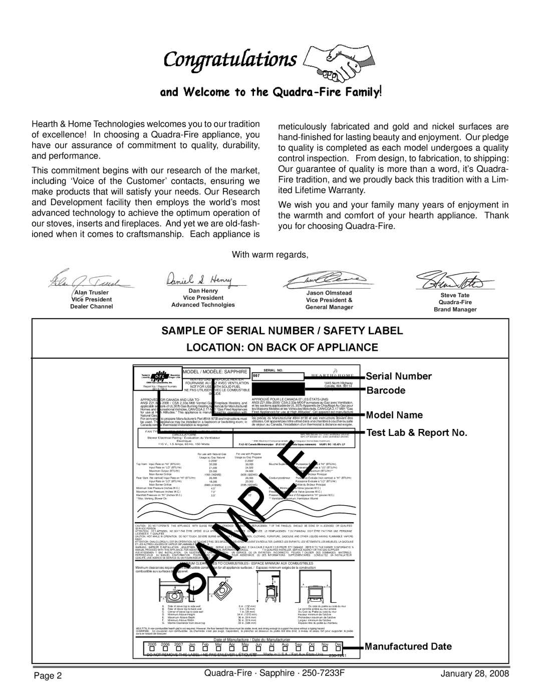 Quadra-Fire 839-1390, 839-1460, SAPPH-D-CWL, SAPPH-D-CSB, 839-1440 owner manual Quadra-Fire · Sapphire · 250-7233F January 28 