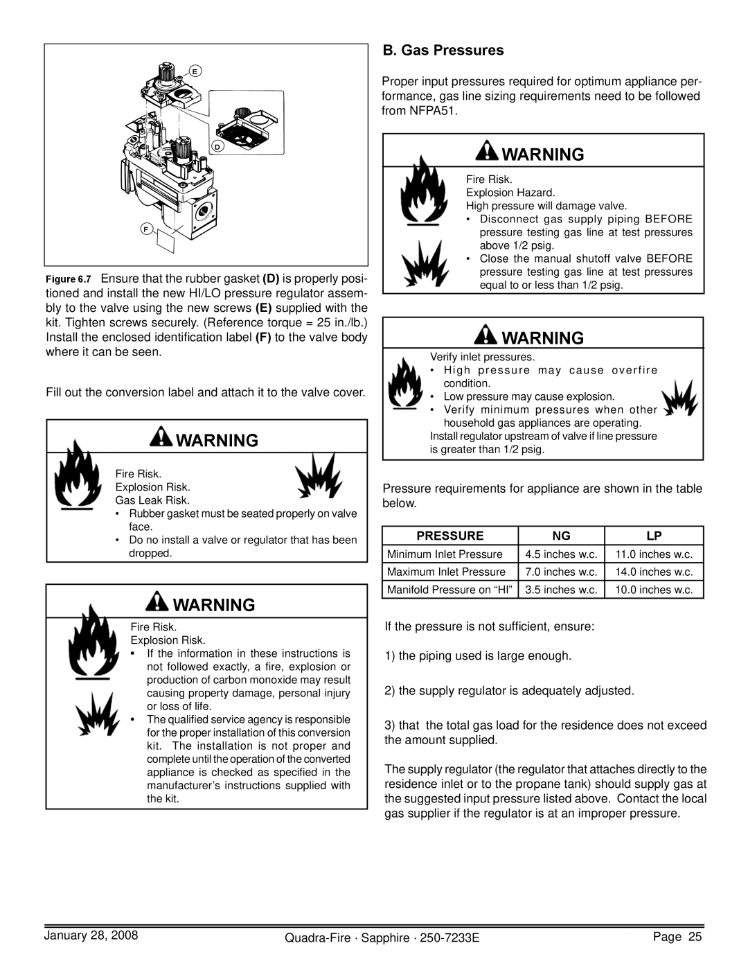 Quadra-Fire 839-1460, SAPPH-D-CWL, 839-1390, SAPPH-D-CSB, 839-1440 owner manual Gas Pressures 