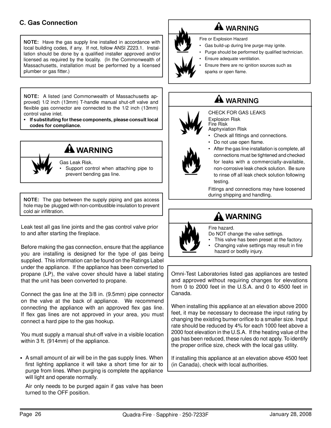 Quadra-Fire SAPPH-D-CWL, 839-1460, 839-1390, SAPPH-D-CSB, 839-1440 owner manual Gas Connection, Check for GAS Leaks 