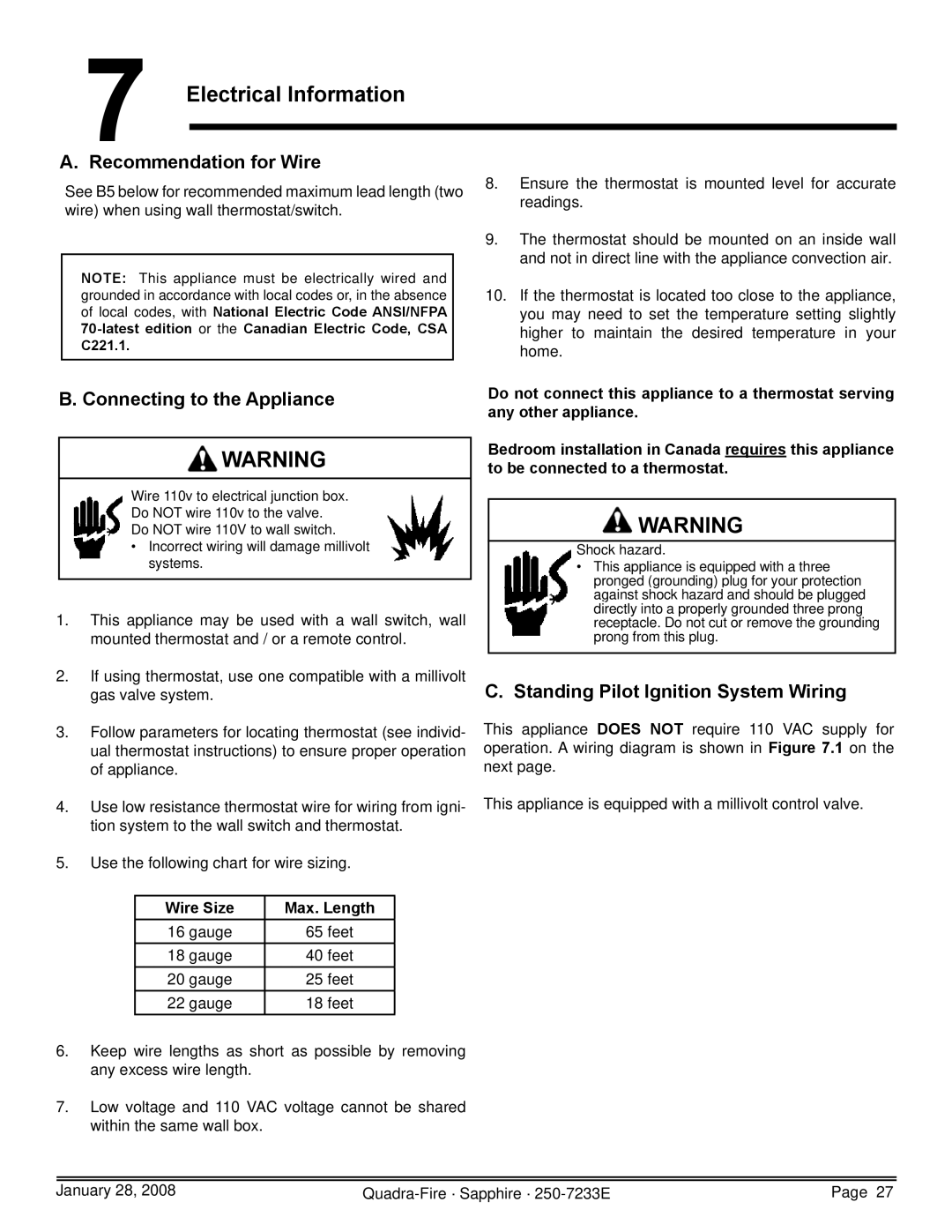 Quadra-Fire 839-1390 Electrical Information, Recommendation for Wire, Connecting to the Appliance, Wire Size Max. Length 