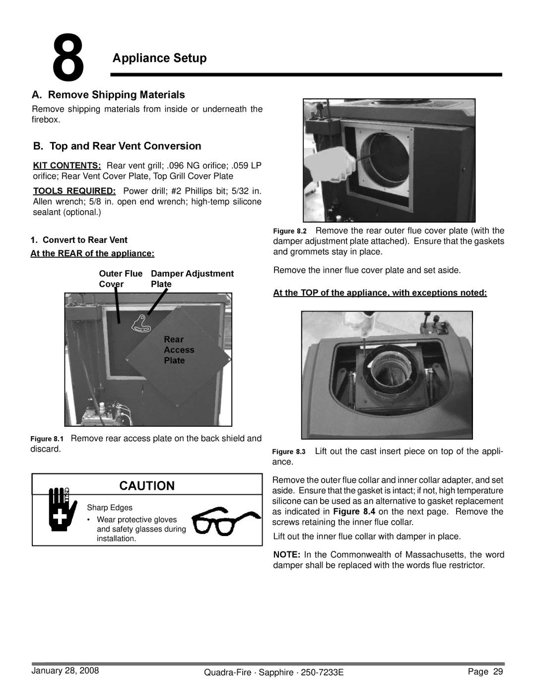 Quadra-Fire 839-1440, 839-1460, SAPPH-D-CWL Appliance Setup, Remove Shipping Materials, Top and Rear Vent Conversion 