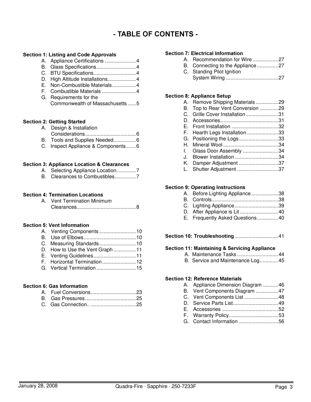 Quadra-Fire SAPPH-D-CSB, 839-1460, SAPPH-D-CWL, 839-1390, 839-1440 owner manual Table of Contents 