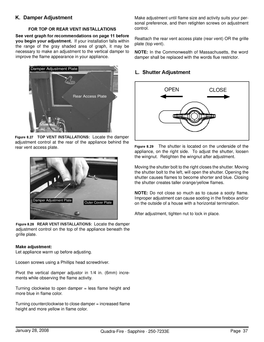 Quadra-Fire 839-1390, 839-1460 Damper Adjustment, Shutter Adjustment, For TOP or Rear Vent Installations, Make adjustment 