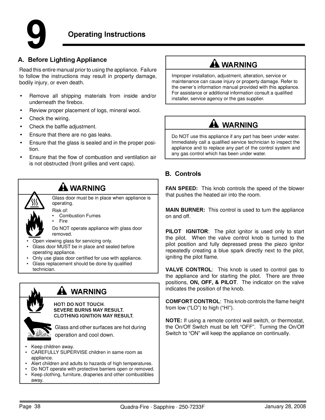 Quadra-Fire SAPPH-D-CSB, 839-1460, SAPPH-D-CWL, 839-1390 Operating Instructions, Before Lighting Appliance, Controls 