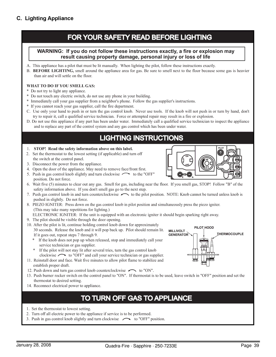 Quadra-Fire 839-1440, 839-1460, SAPPH-D-CWL, 839-1390, SAPPH-D-CSB For Your Safety Read Before Lighting, Lighting Appliance 